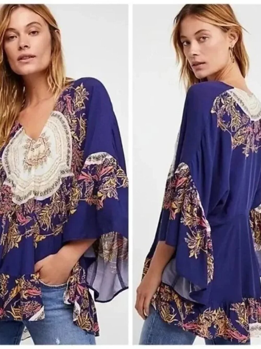 Free People Sunset Dreams Boho Top Bell Sleeves Blue XS NWT